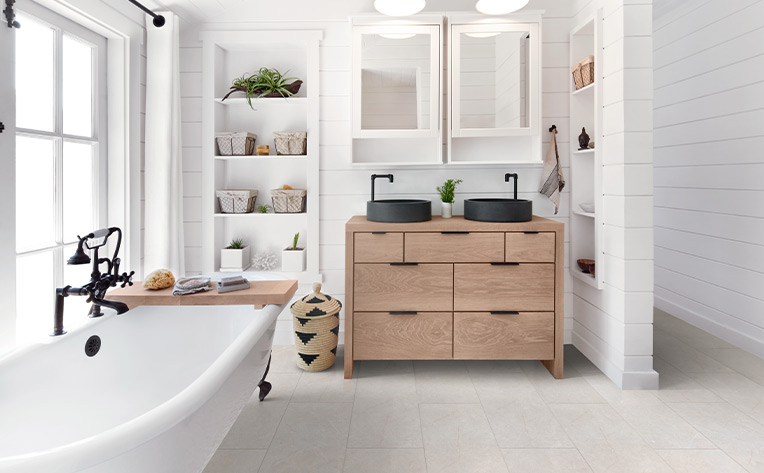beige stone look vinyl tile flooring in bathroom